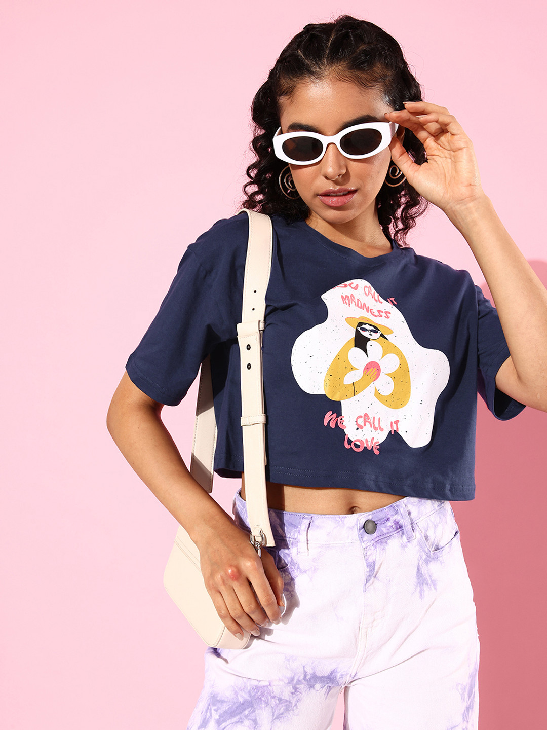 

DressBerry Graphic Printed Pure Cotton Crop T-shirt, Navy blue