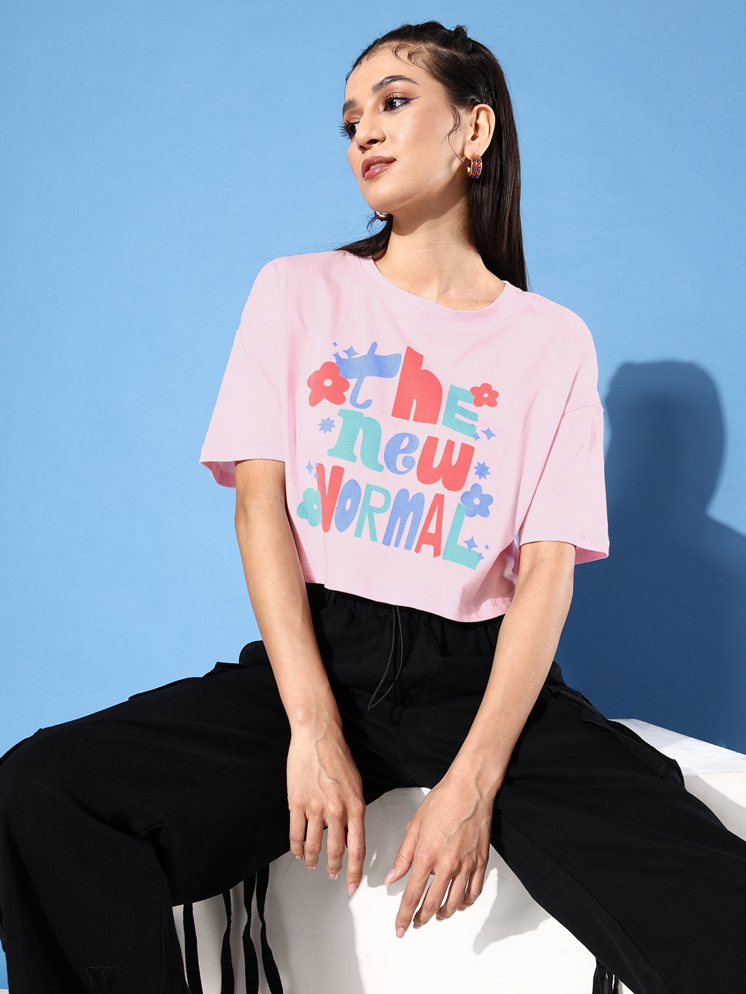 

4WRD by Dressberry Typography Printed Drop-Shoulder Pure Cotton Crop T-shirt, Pink