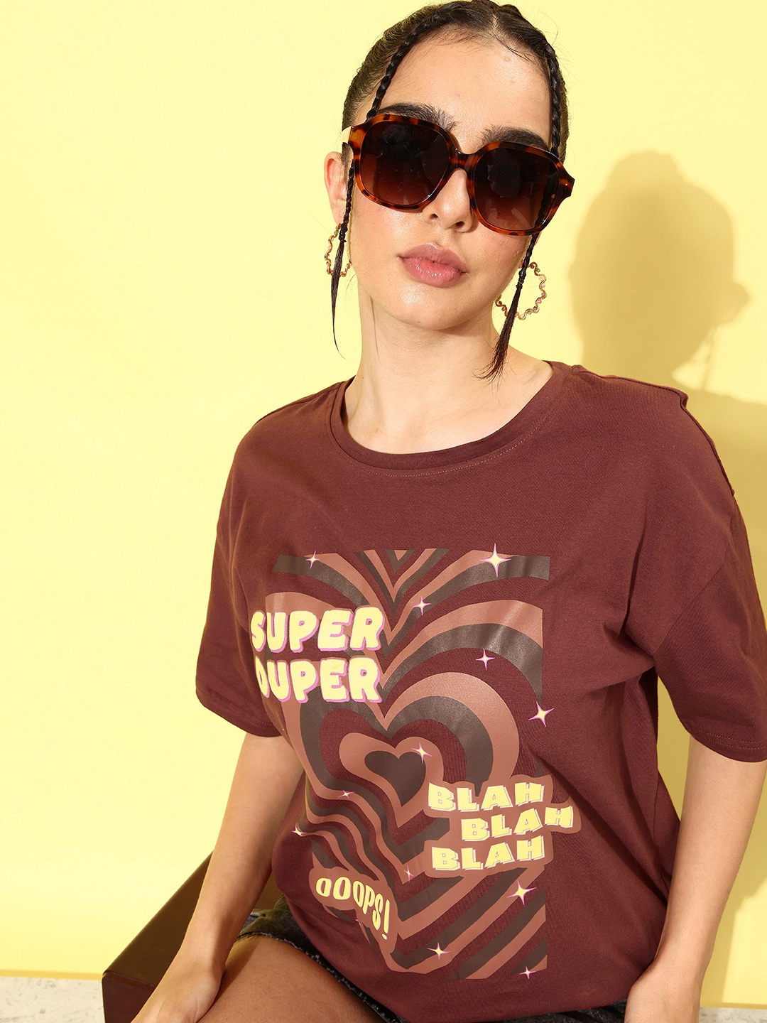 

DressBerry Pure Cotton Graphic Printed Drop-Shoulder Sleeves Casual T-shirt, Brown