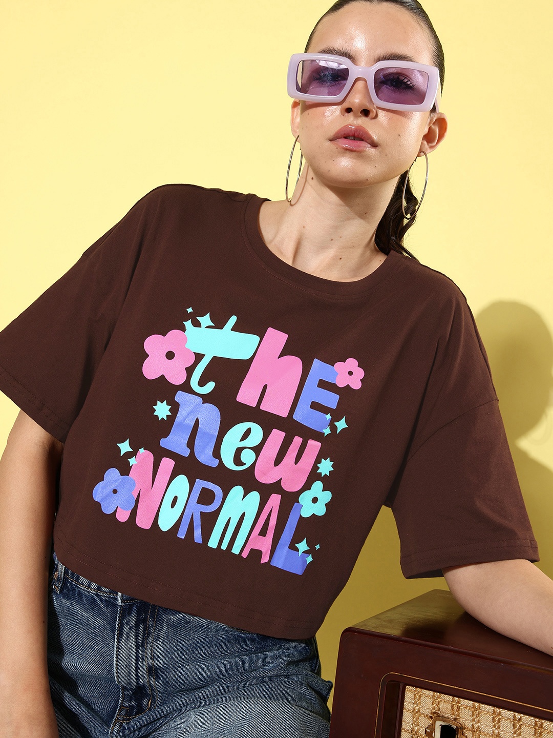 

DressBerry Typography Printed Pure Cotton Crop T-shirt, Brown