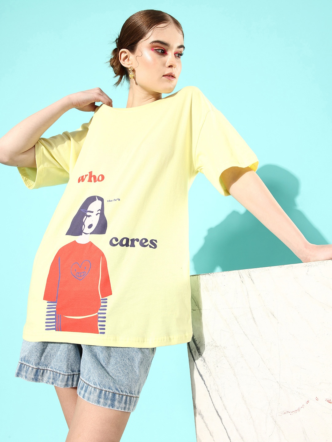 

DressBerry Graphic Printed Drop-Shoulder Sleeves Pure Cotton Longline T-shirt, Yellow