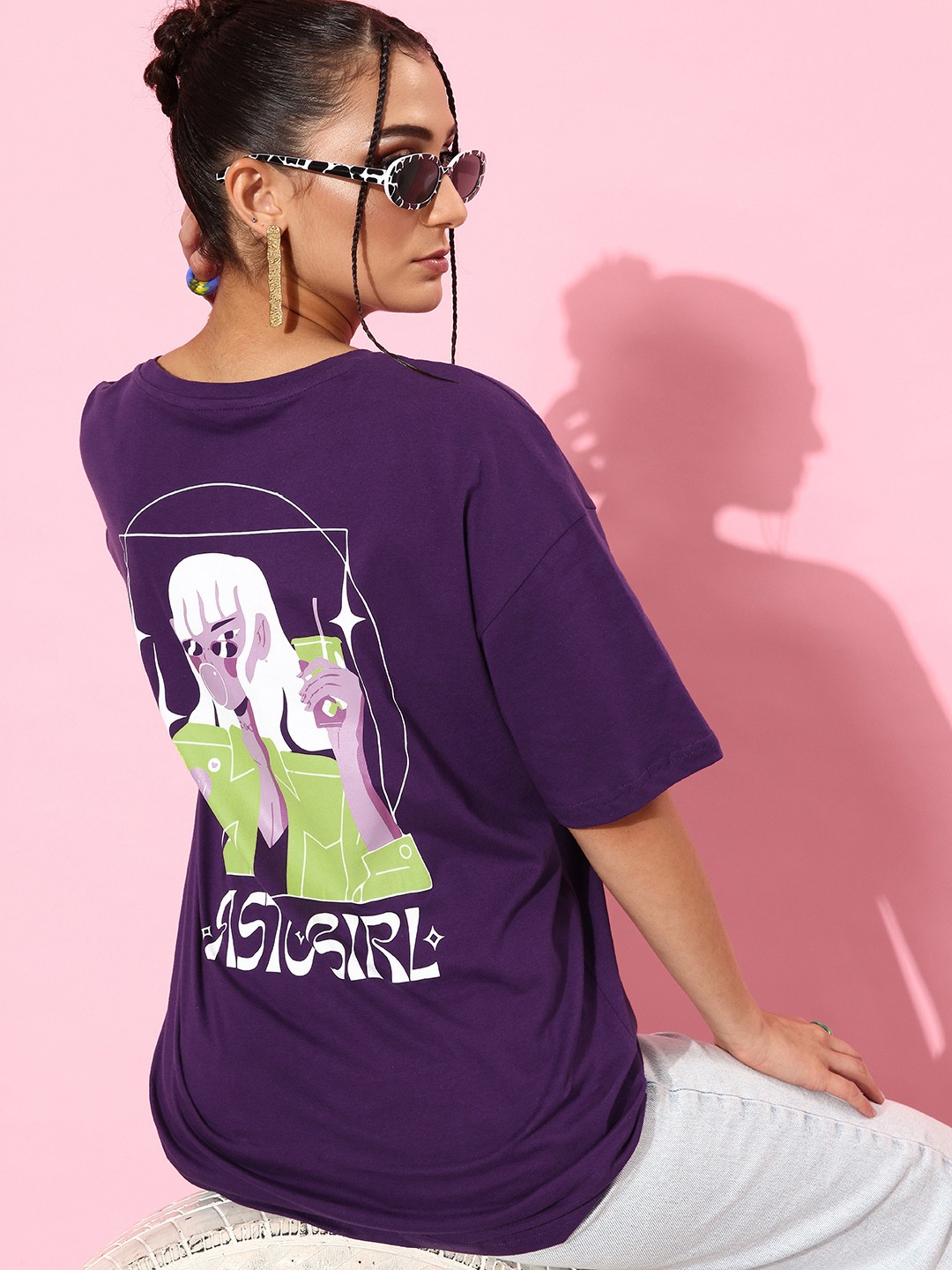 

DressBerry Women Printed Drop-Shoulder Pure Cotton Longline T-shirt, Purple