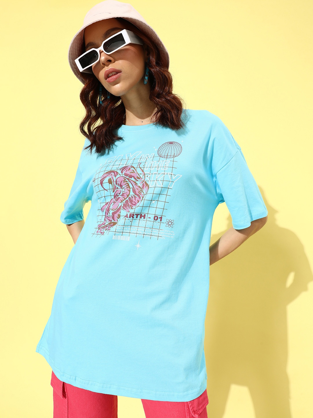 

DressBerry Printed Drop-Shoulder Sleeves Pure Cotton T-shirt, Blue