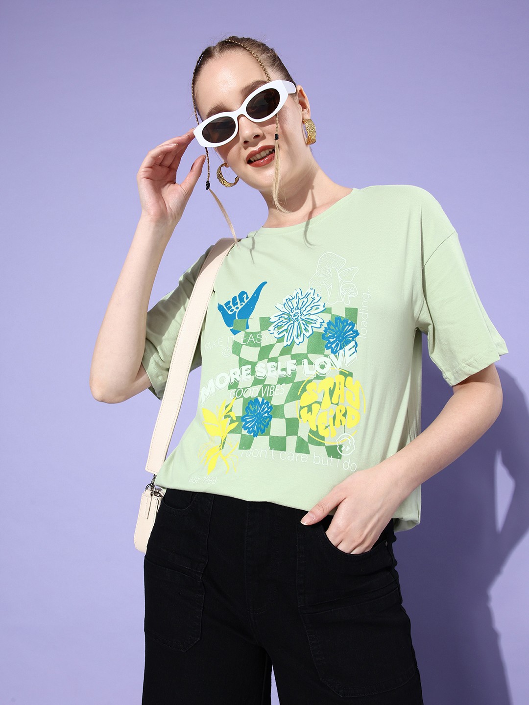 

DressBerry Women Pure Cotton Printed Drop-Shoulder T-shirt, Green