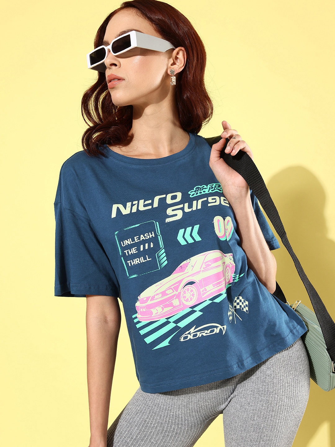 

DressBerry Graphic Printed Drop-Shoulder Sleeves Pure Cotton T-shirt, Navy blue