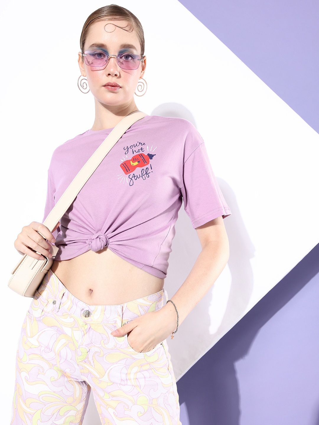 

DressBerry Graphic Print Detail Drop-Shoulder Sleeves Pure Cotton T-shirt, Lavender