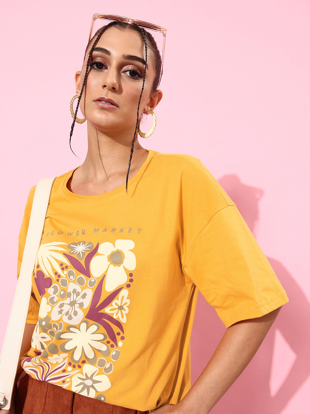 

DressBerry Floral Print Drop-Shoulder Sleeves Knitted Pure Cotton T-shirt, Yellow