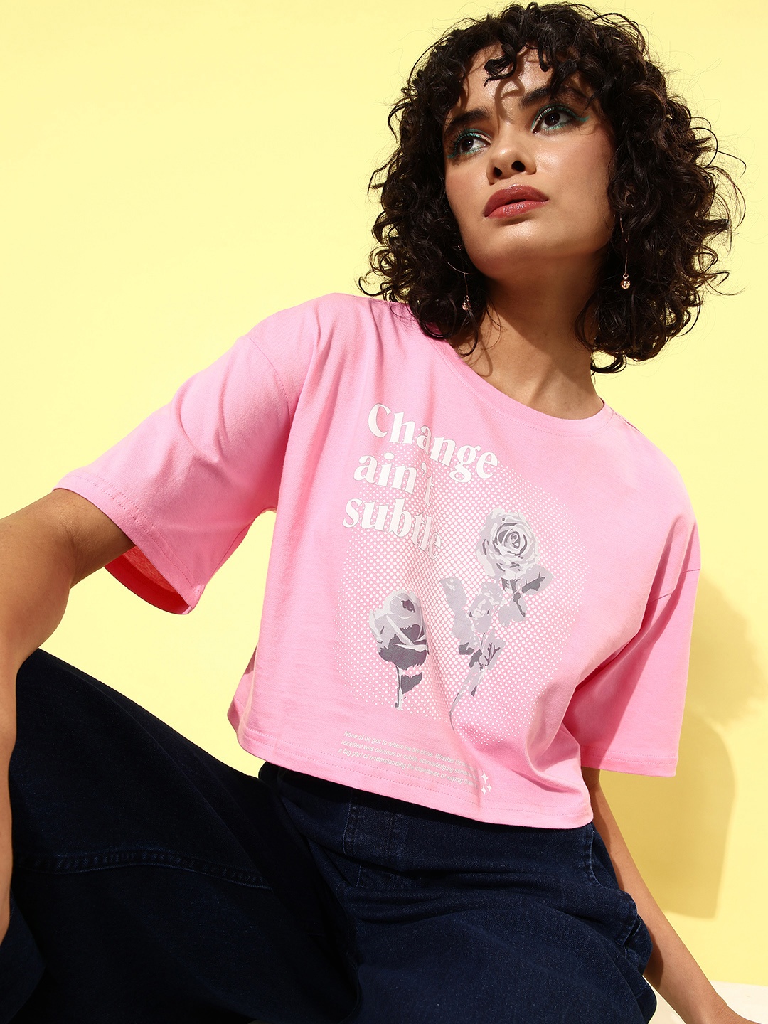 

DressBerry Printed Drop-Shoulder Sleeves Pure Cotton T-shirt, Pink