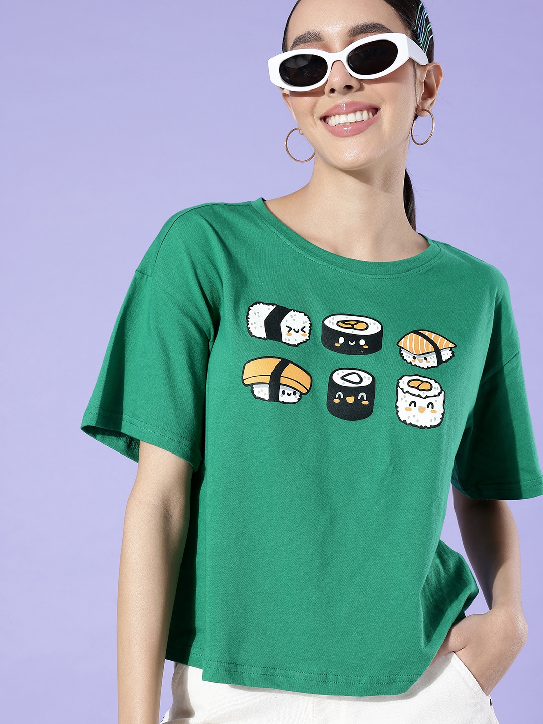 

DressBerry Graphic Printed Drop-Shoulder Sleeves Pure Cotton T-shirt, Green
