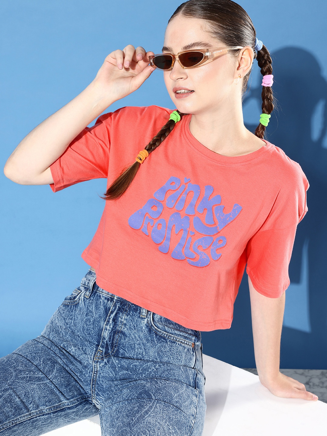 

DressBerry Printed Drop-Shoulder Sleeves Pure Cotton Boxy Crop T-shirt, Coral