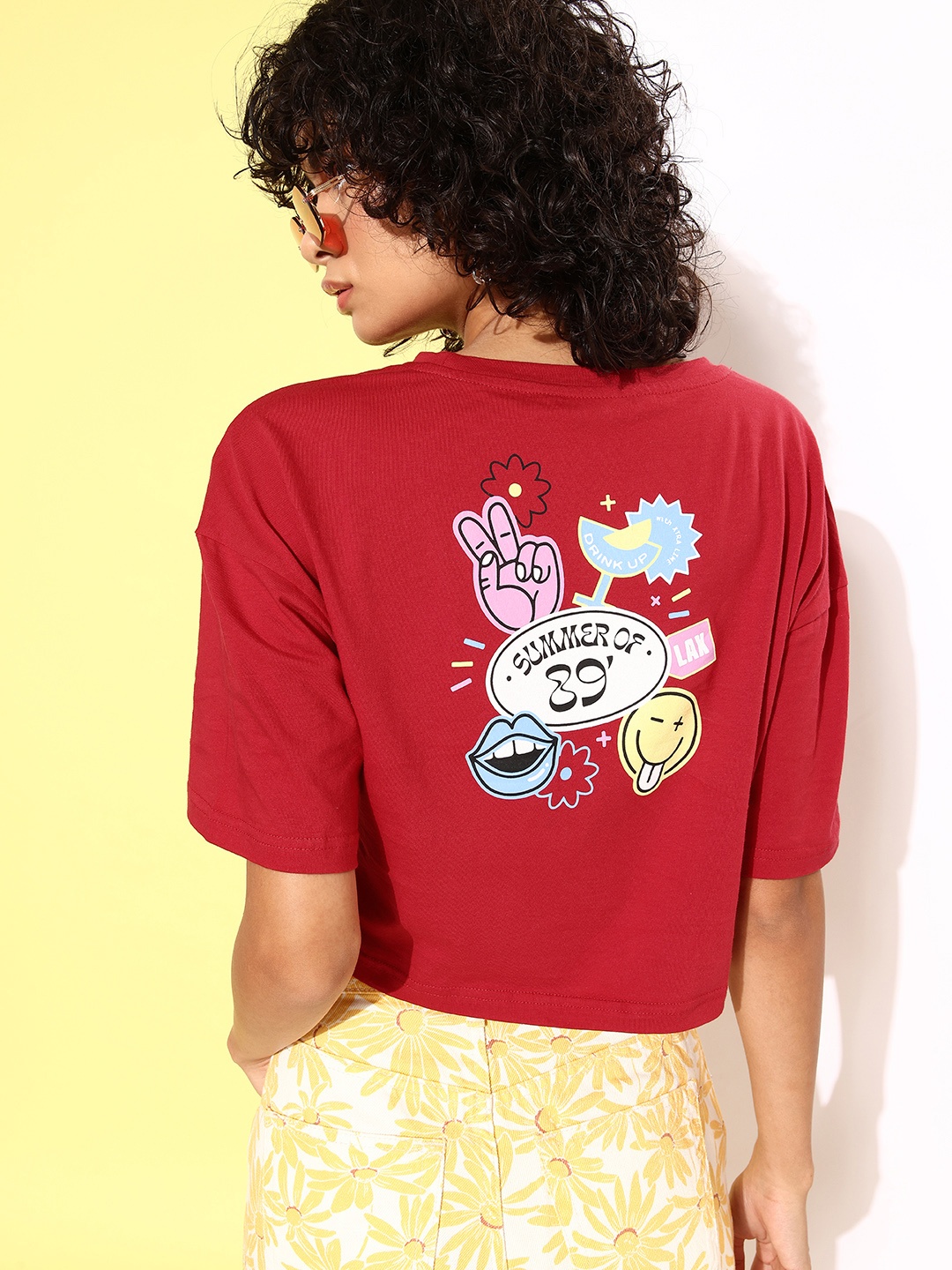 

DressBerry Graphic Printed Pure Cotton Boxy Crop T-shirt, Red