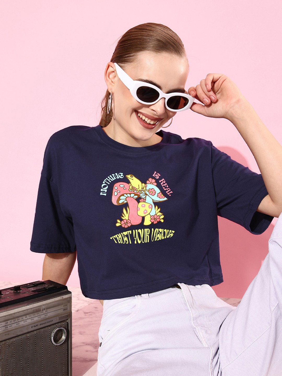 

Dressberry Graphic Printed Pure Cotton T-shirt, Navy blue