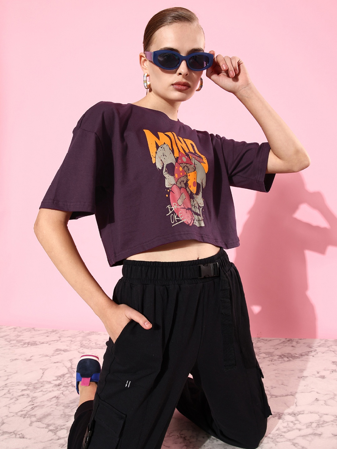 

DressBerry Graphic Printed Pure Cotton Crop T-shirt, Purple