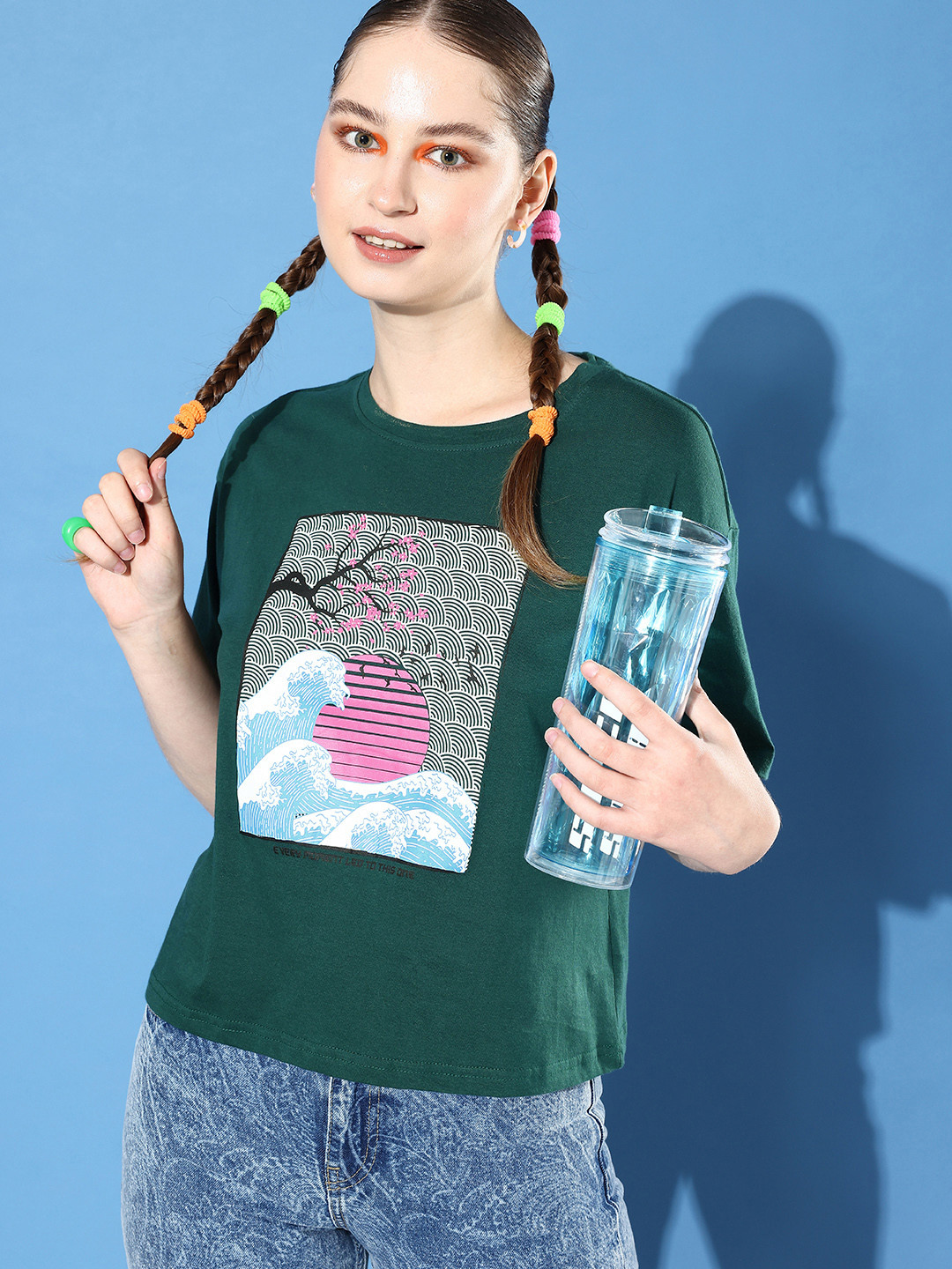 

DressBerry Printed Drop-Shoulder Sleeves Pure Cotton T-shirt, Green