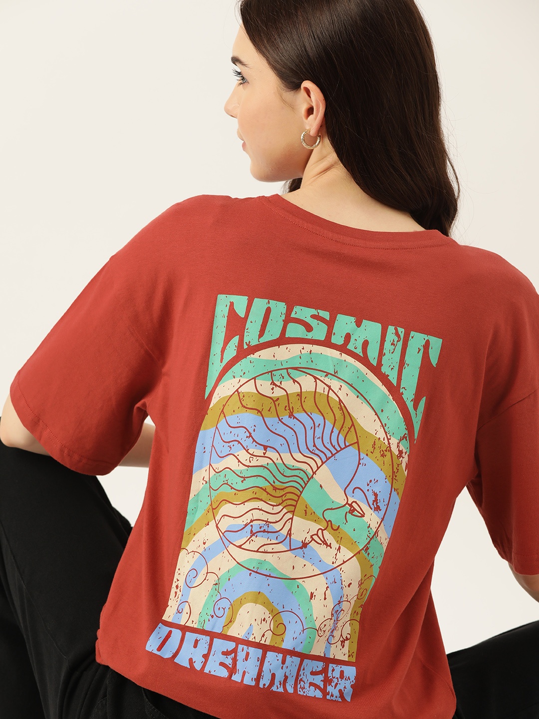 

DressBerry Printed Drop-Shoulder Sleeves Pure Cotton T-shirt, Rust