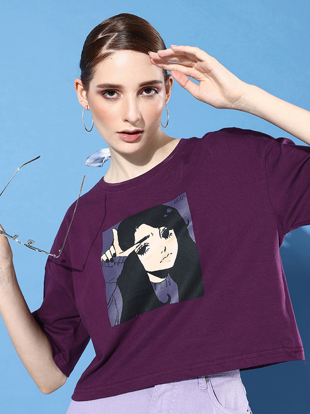 

DressBerry Printed Drop-Shoulder Sleeves Pure Cotton Boxy Crop T-shirt, Purple