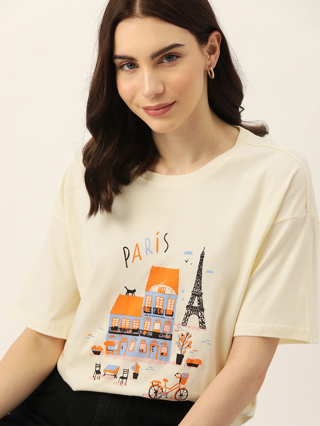 

DressBerry Printed Drop-Shoulder Sleeves Pure Cotton T-shirt, Cream