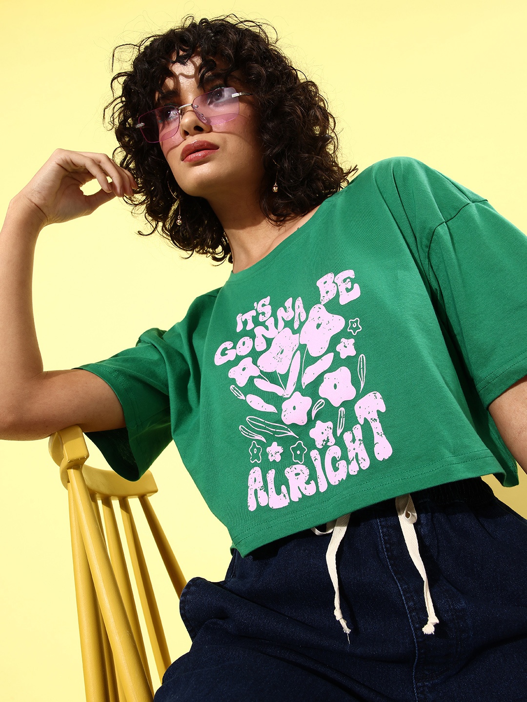

DressBerry Printed Drop-Shoulder Sleeves Pure Cotton T-shirt, Green