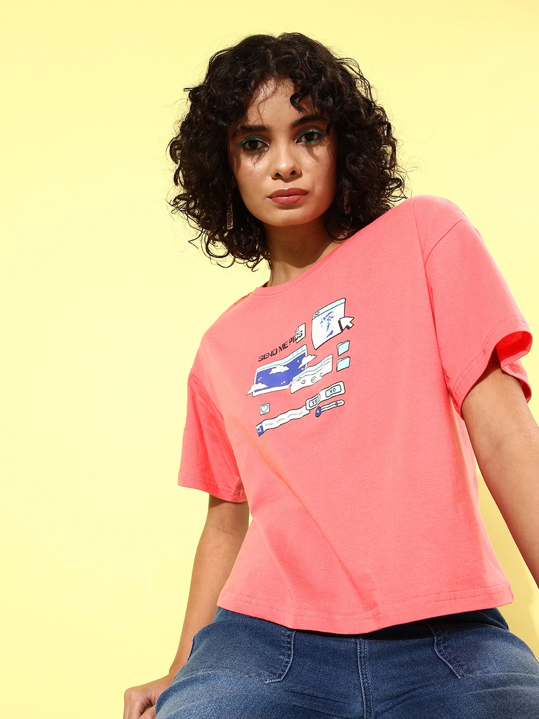 

DressBerry Women Printed Drop-Shoulder Pure Cotton T-shirt, Pink