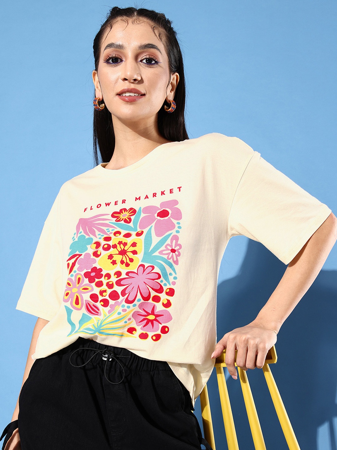 

DressBerry Floral Printed Drop-Shoulder Pure Cotton T-shirt, Cream