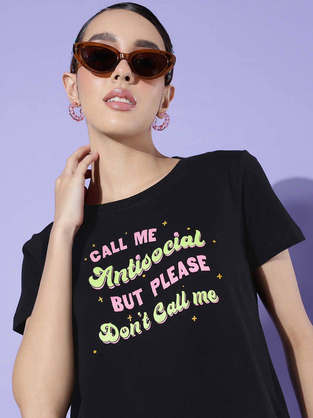 

DressBerry Typography Printed Pure Cotton Casual T-shirt, Black