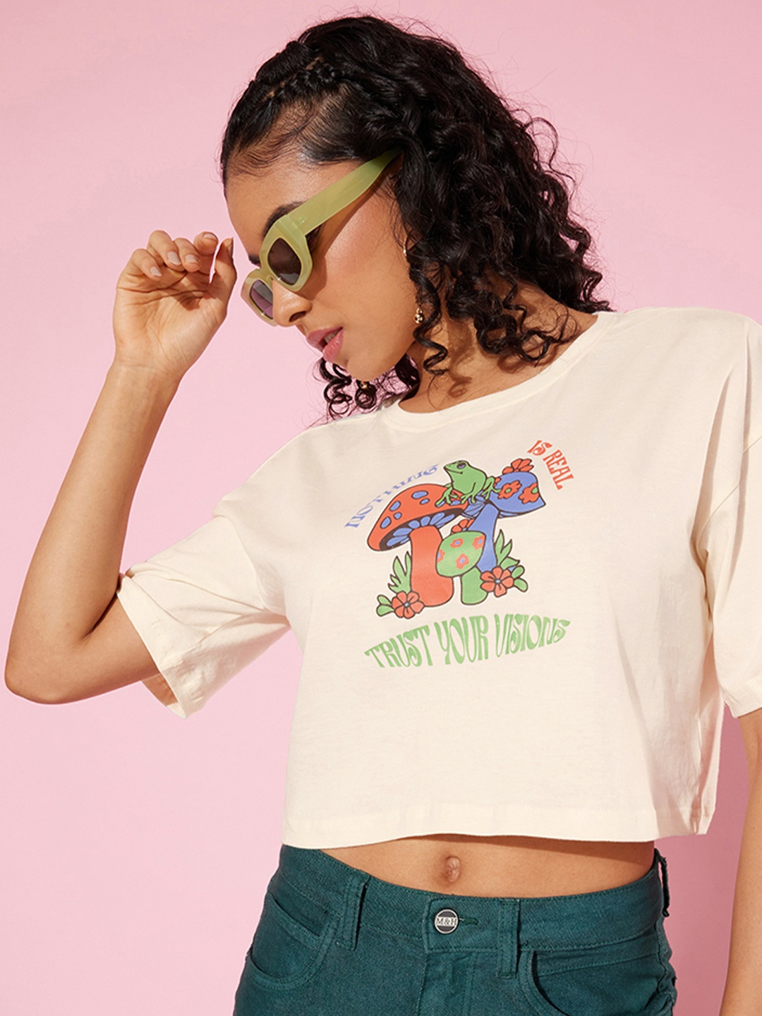 

DressBerry Graphic Printed Pure Cotton Crop T-shirt, Off white