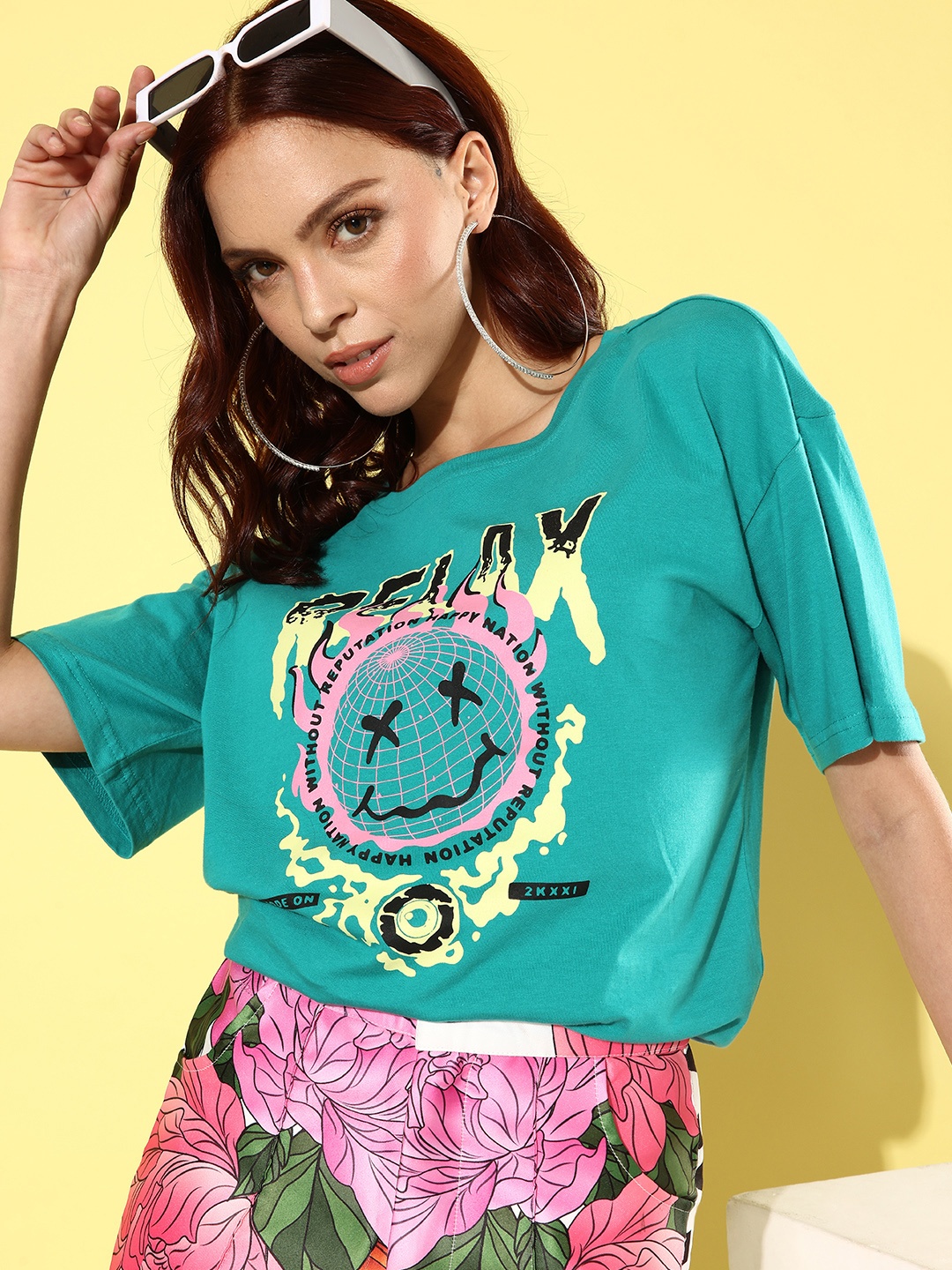 

DressBerry Printed Drop-Shoulder Sleeves Pure Cotton T-shirt, Green