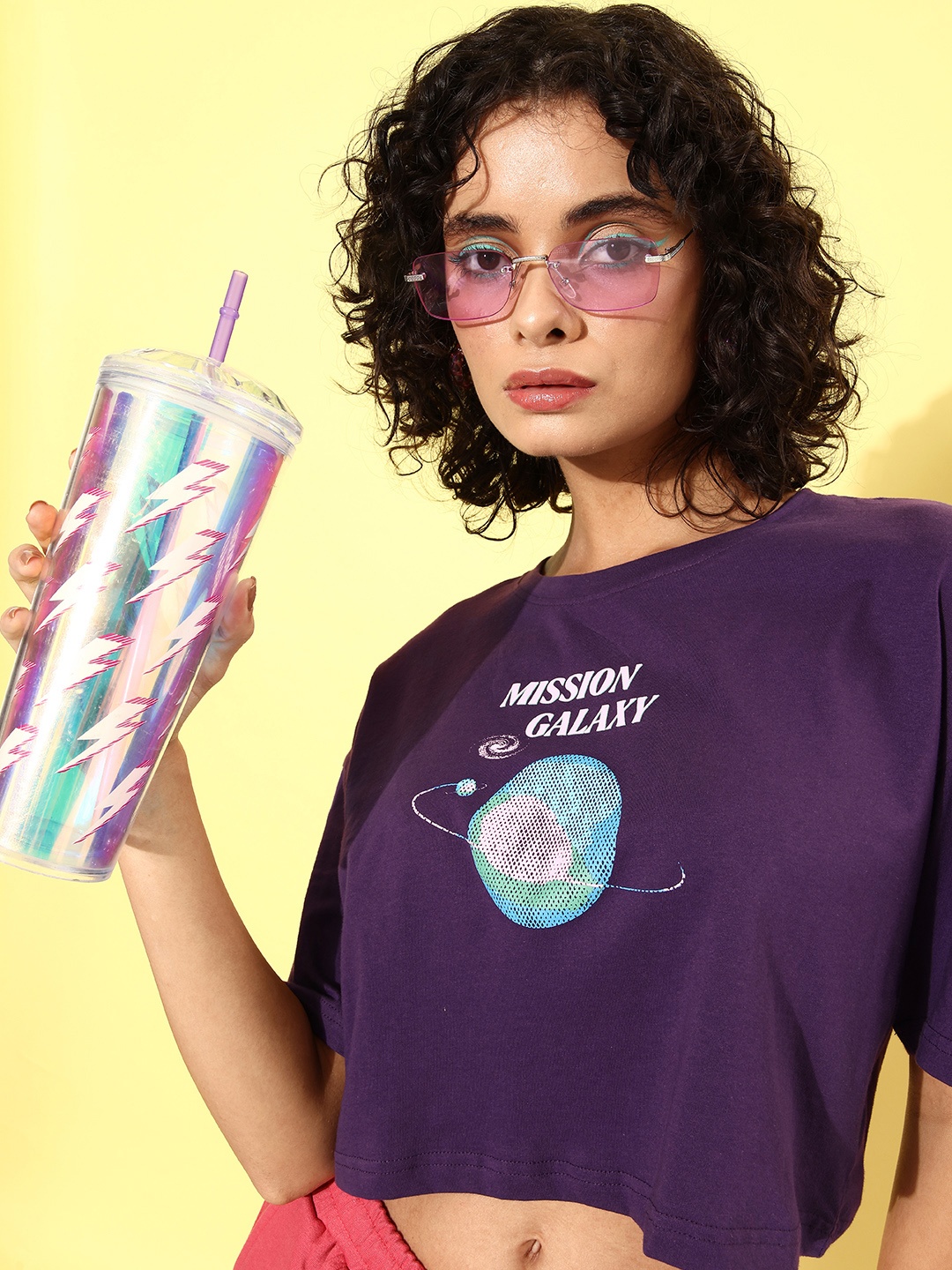 

DressBerry Printed Drop-Shoulder Sleeves Pure Cotton T-shirt, Purple