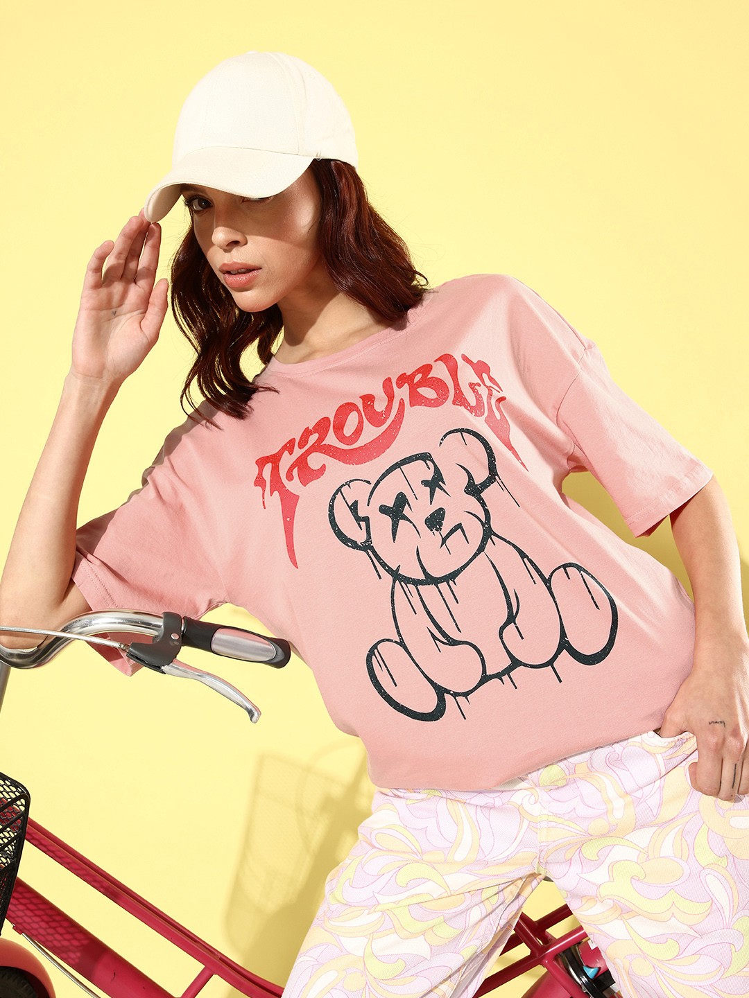 

DressBerry Printed Drop-Shoulder Sleeves Pure Cotton T-shirt, Peach