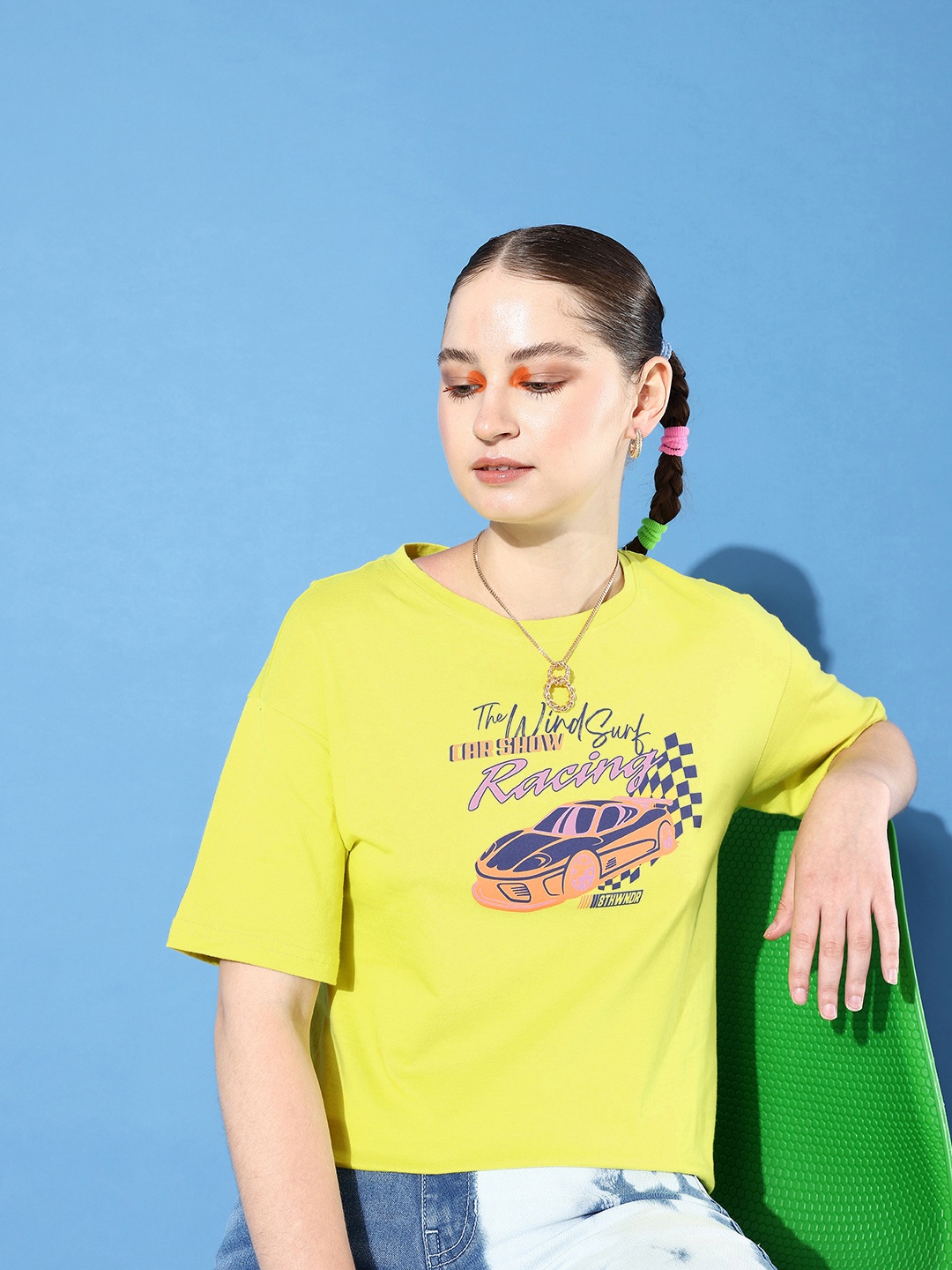

DressBerry Graphic Printed Drop-Shoulder Sleeves Pure Cotton T-shirt, Yellow