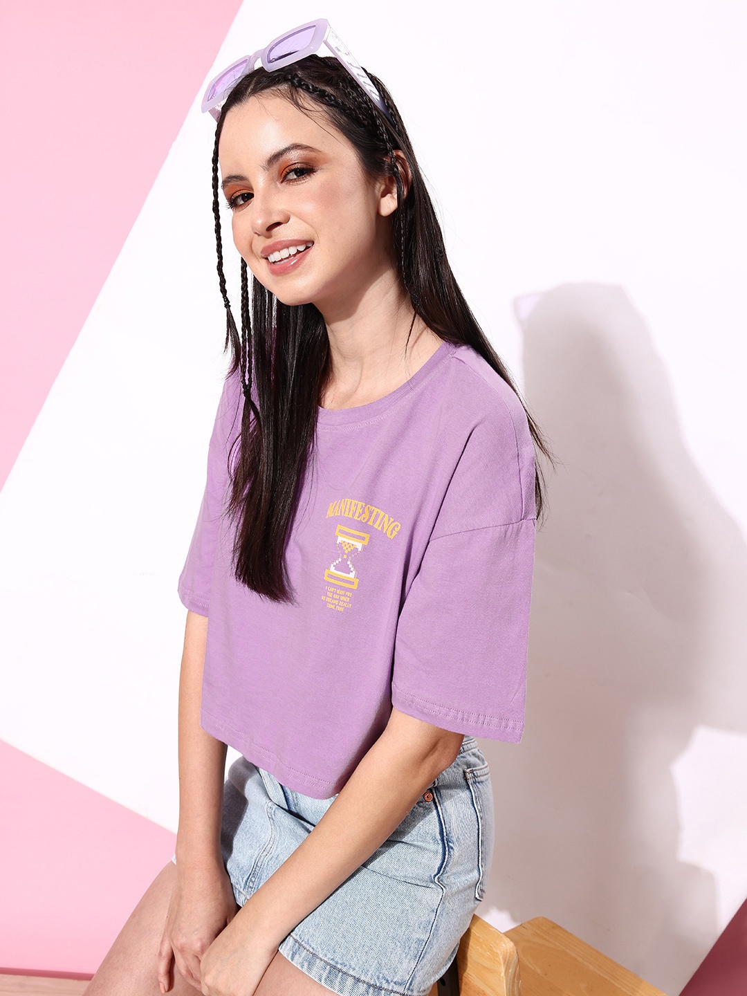 

DressBerry Women Typography Printed Drop-Shoulder Pure Cotton Crop T-shirt, Violet
