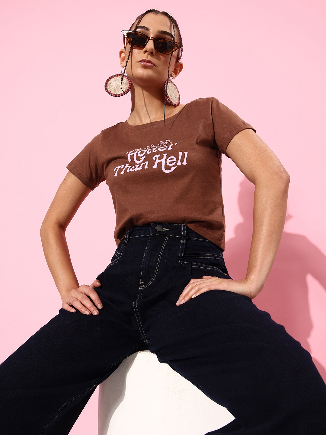 

DressBerry Women Typography Printed Pure Cotton T-shirt, Brown