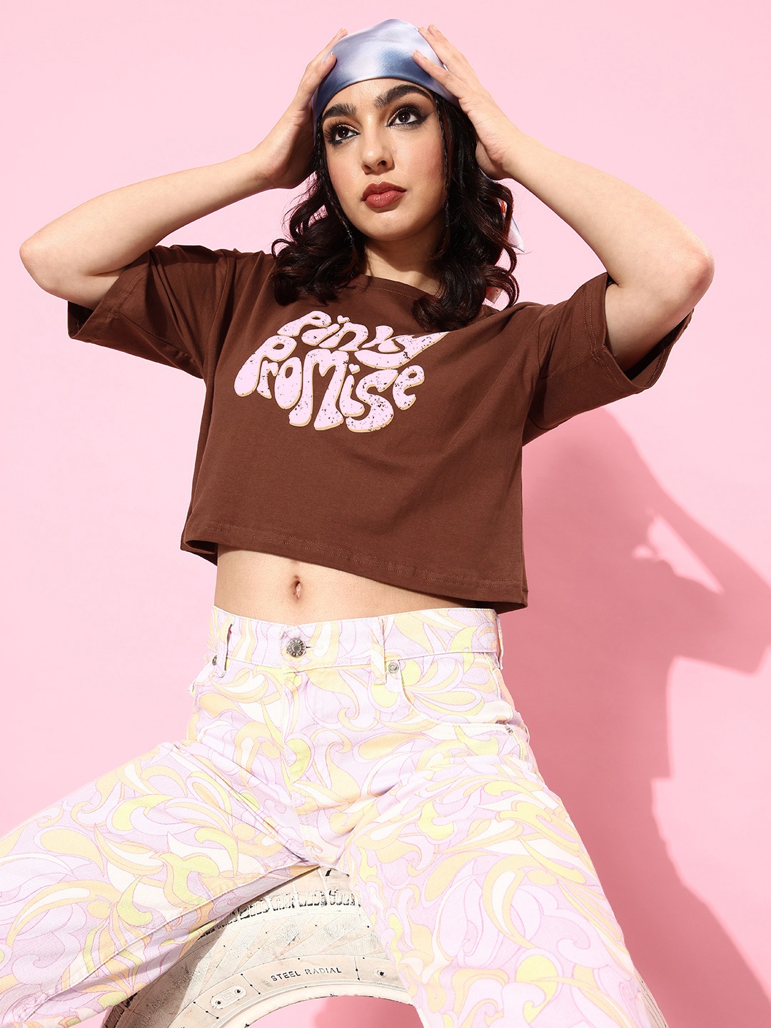 

DressBerry Women Typography Printed Drop-Shoulder Pure Cotton Crop T-shirt, Brown
