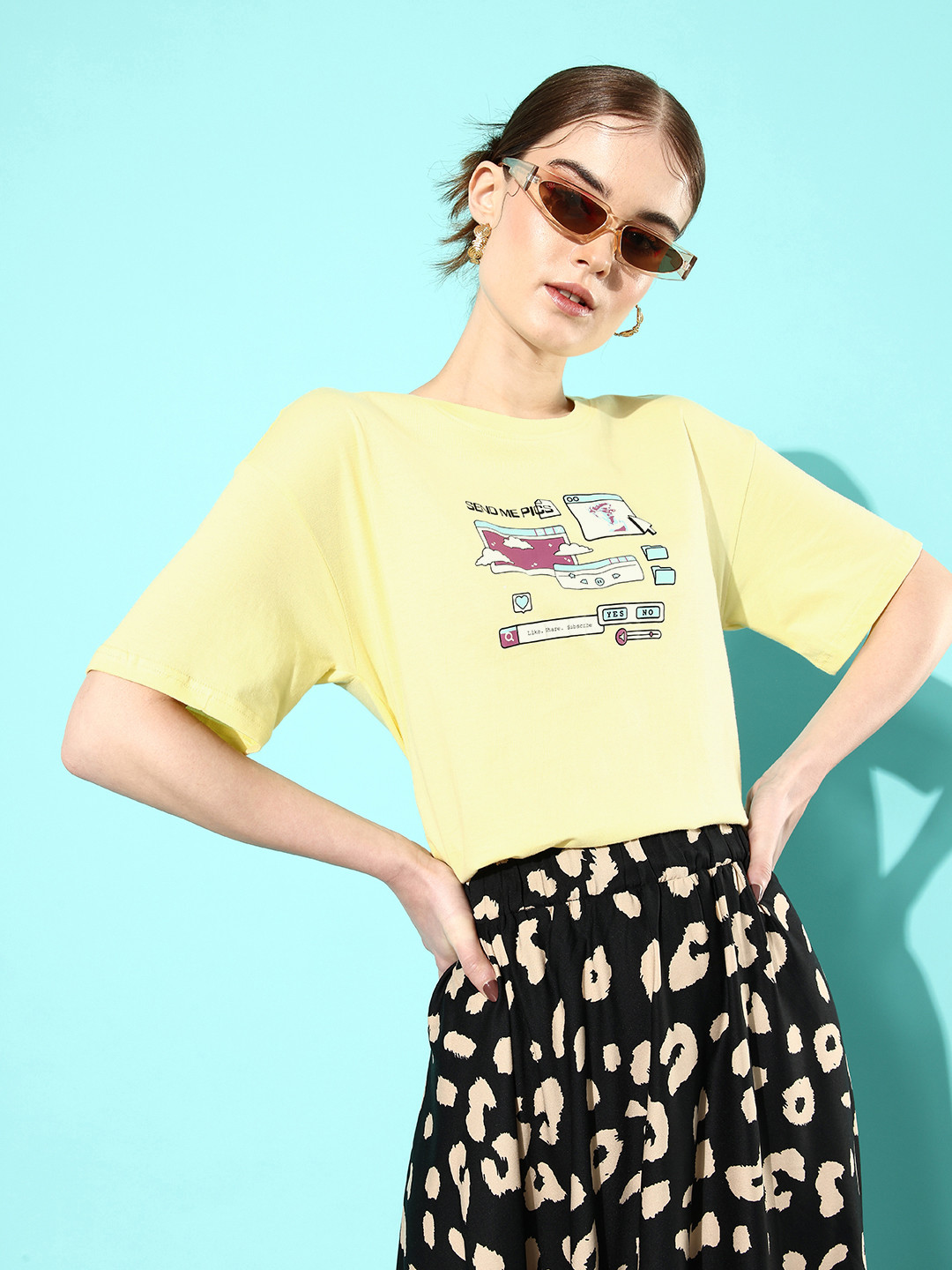 

DressBerry Graphic Printed Drop-Shoulder Sleeves Pure Cotton T-shirt, Yellow