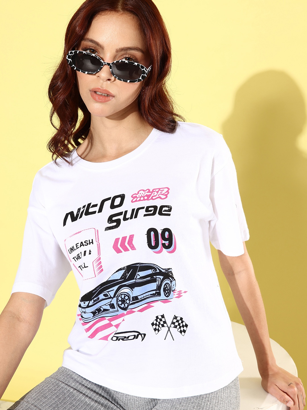 

DressBerry Graphic Printed Drop-Shoulder Sleeves Pure Cotton T-shirt, White