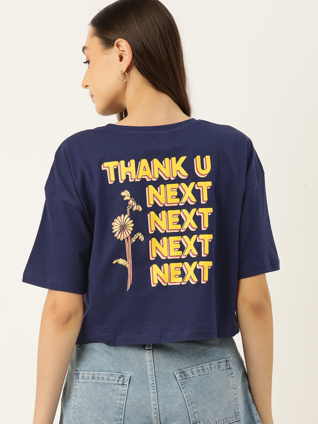 

DressBerry Typography Print Pure Cotton Crop T-shirt, Navy blue