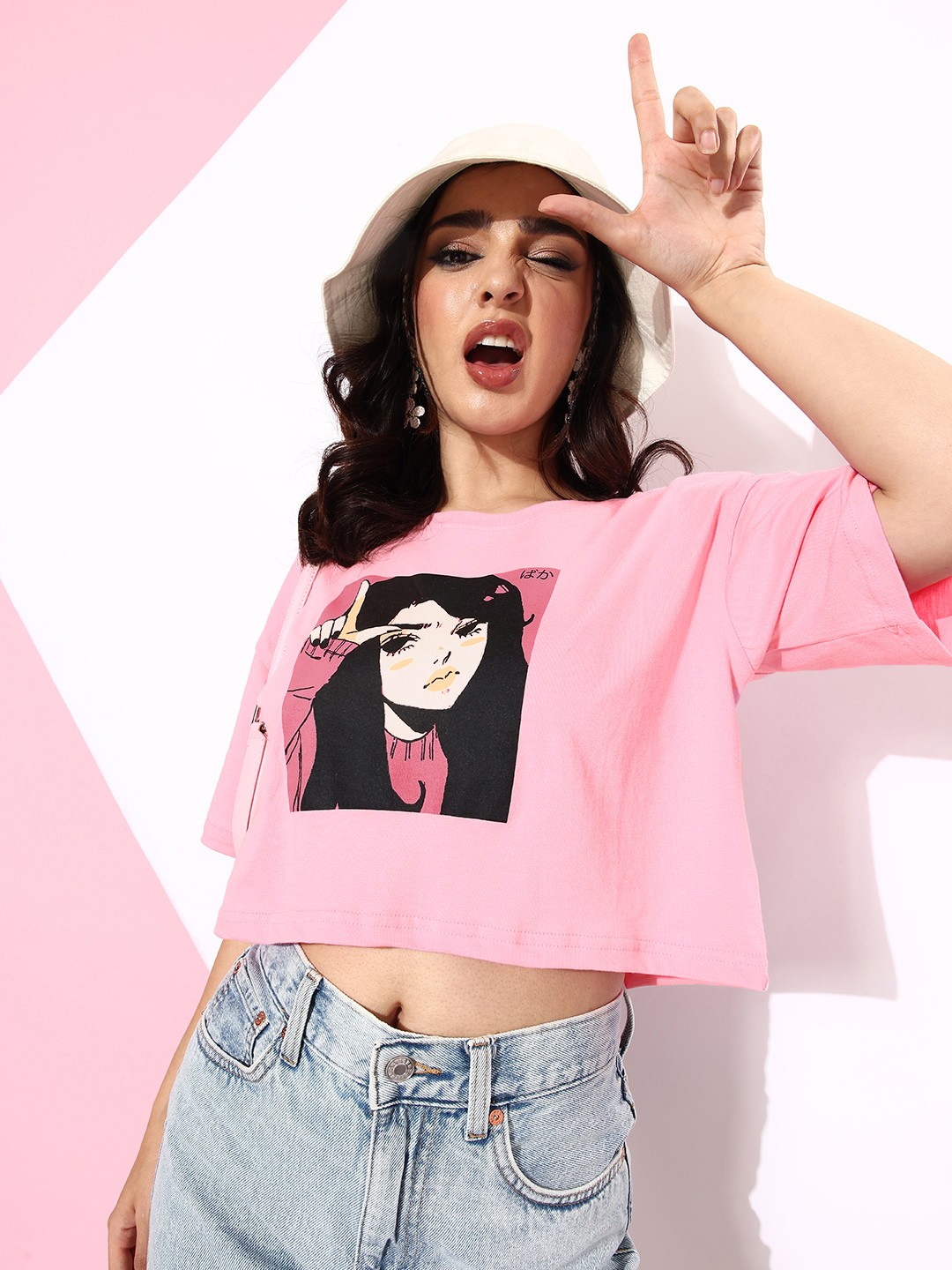 

DressBerry Graphic Print Drop-Shoulder Sleeves Pure Cotton Boxy Crop T-shirt, Pink