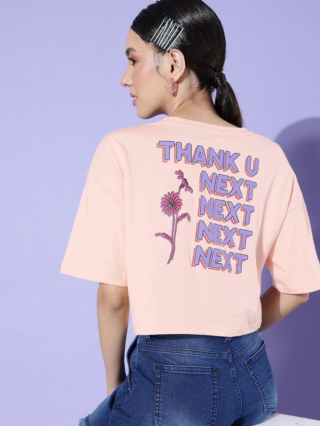 

DressBerry Typography Printed Drop-Shoulder Sleeves Pure Cotton Boxy Crop T-shirt, Peach