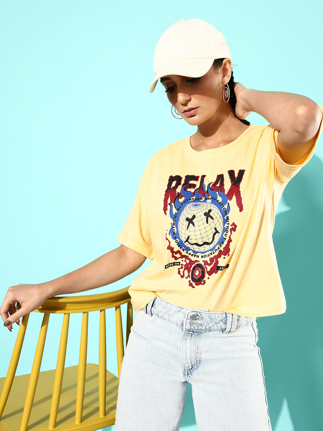 

DressBerry Graphic Printed Drop-Shoulder Sleeves Pure Cotton T-shirt, Yellow