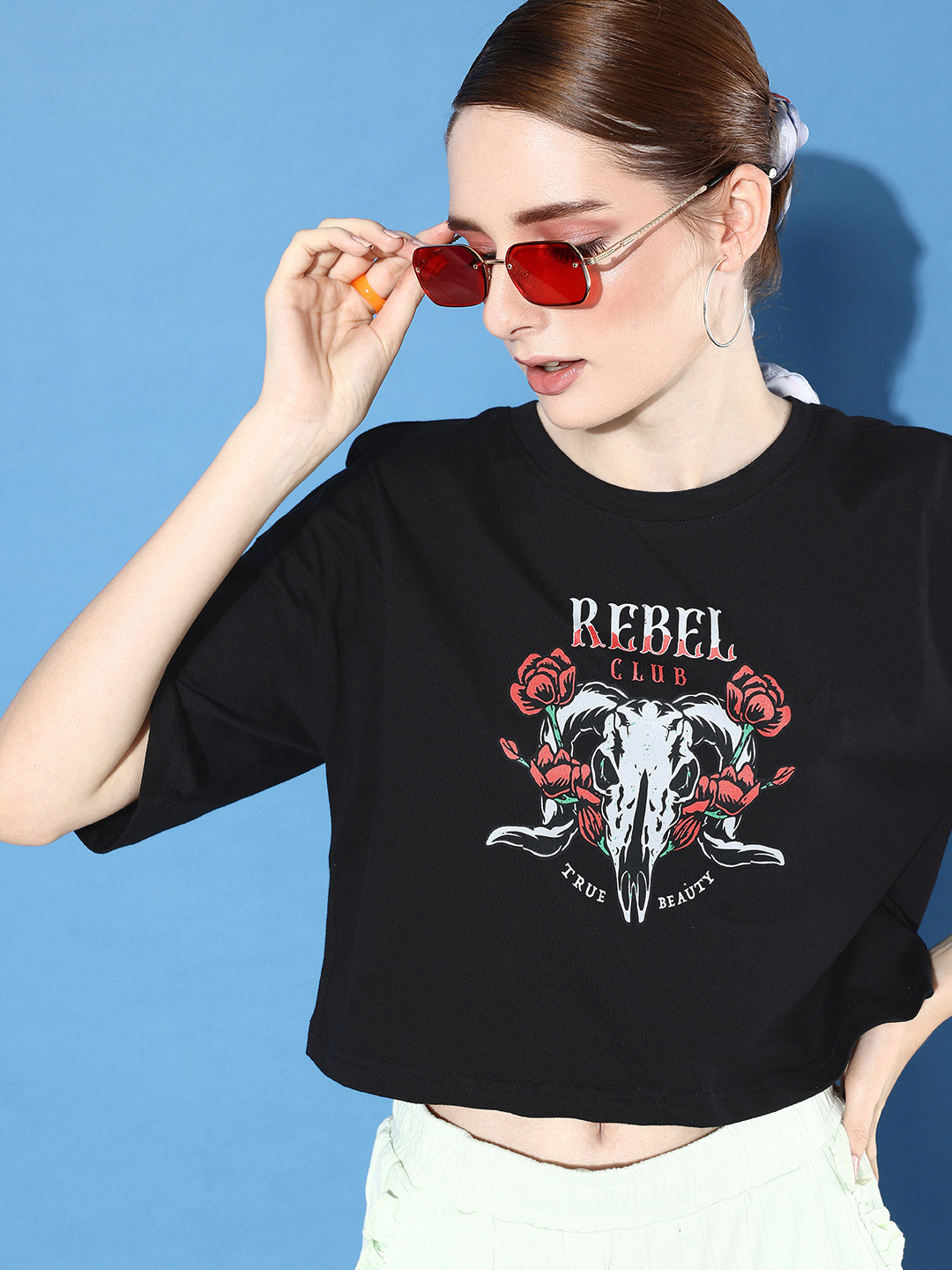 

DressBerry Graphic Printed Drop-Shoulder Sleeves Pure Cotton T-shirt, Black