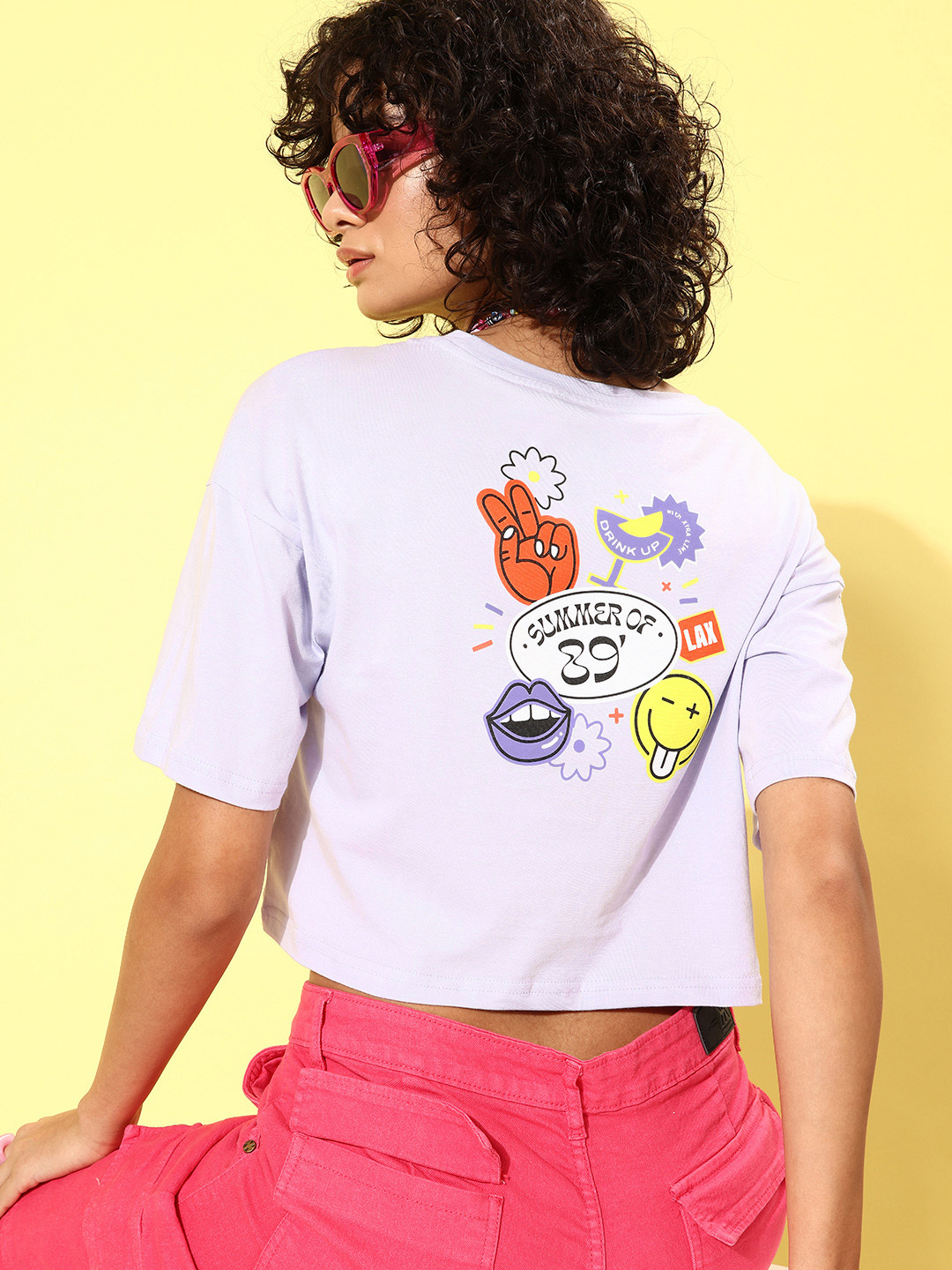 

DressBerry Graphic Printed Pure Cotton Boxy Crop T-shirt, Lavender