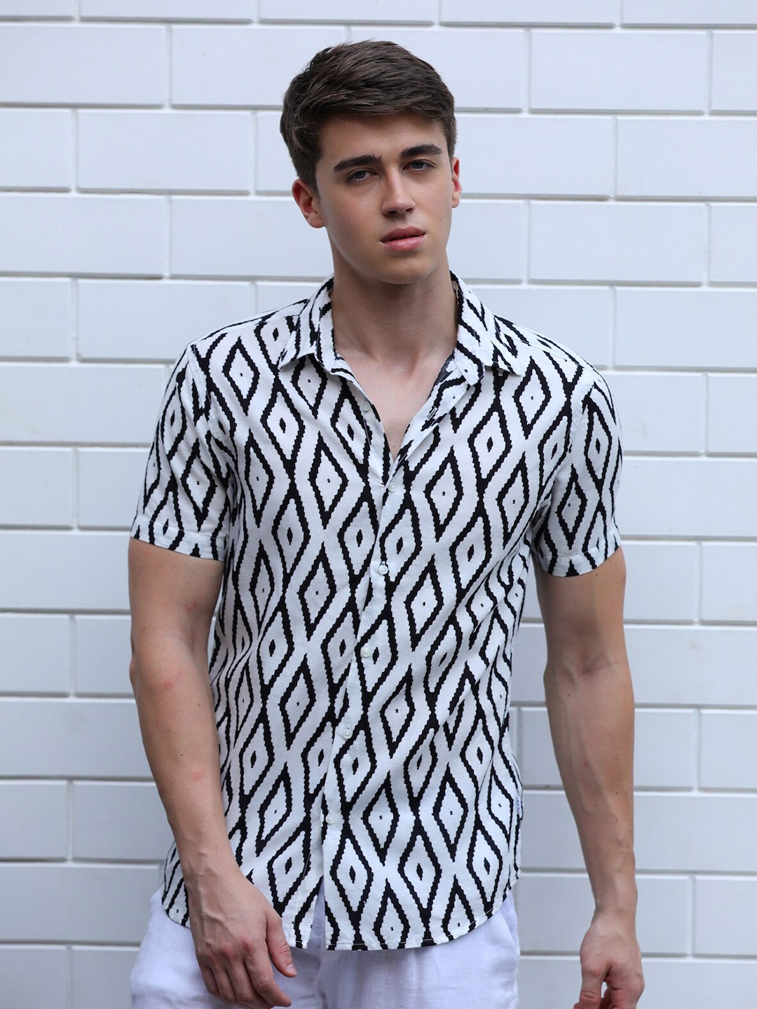 

POE Smart Slim Fit Geometric Printed Cotton Linen Casual Shirt, White