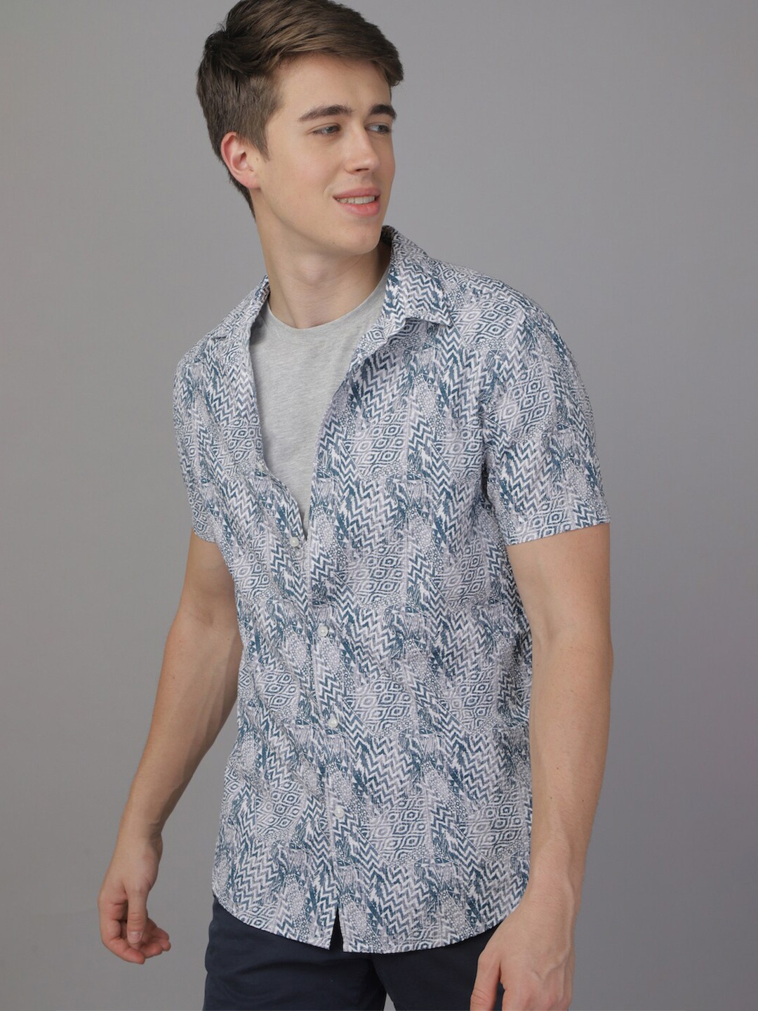 

POE Smart Slim Fit Geometric Printed Pure Cotton Casual Shirt, Blue