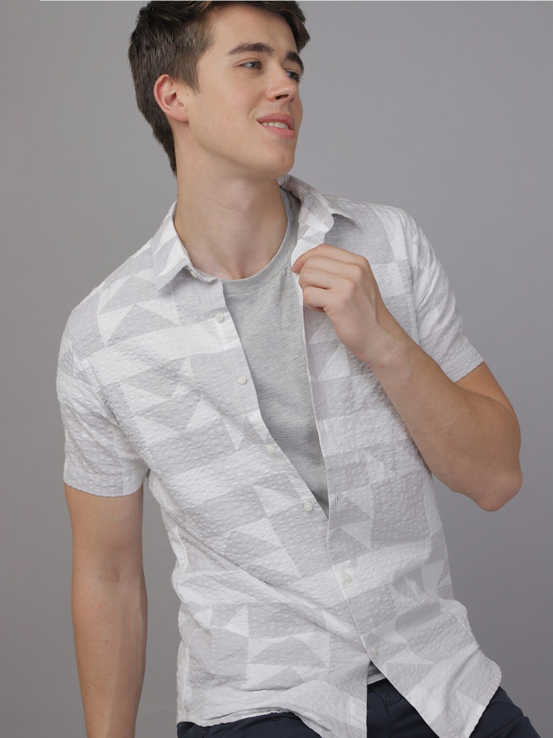 

POE Smart Slim Fit Geometric Printed Pure Cotton Casual Shirt, Grey