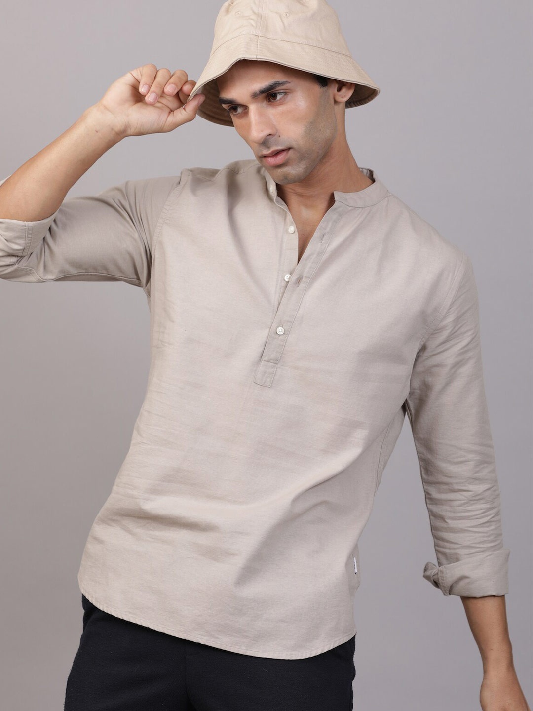 

POE Smart Slim Fit Band Collar Pure Cotton Casual Shirt, Beige