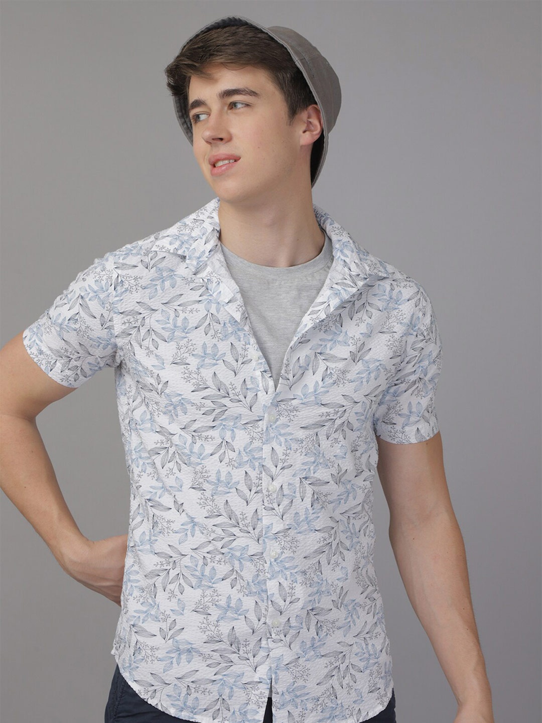 

POE Smart Slim Fit Floral Printed Weave Seersucker Pure Cotton Shirt, Blue
