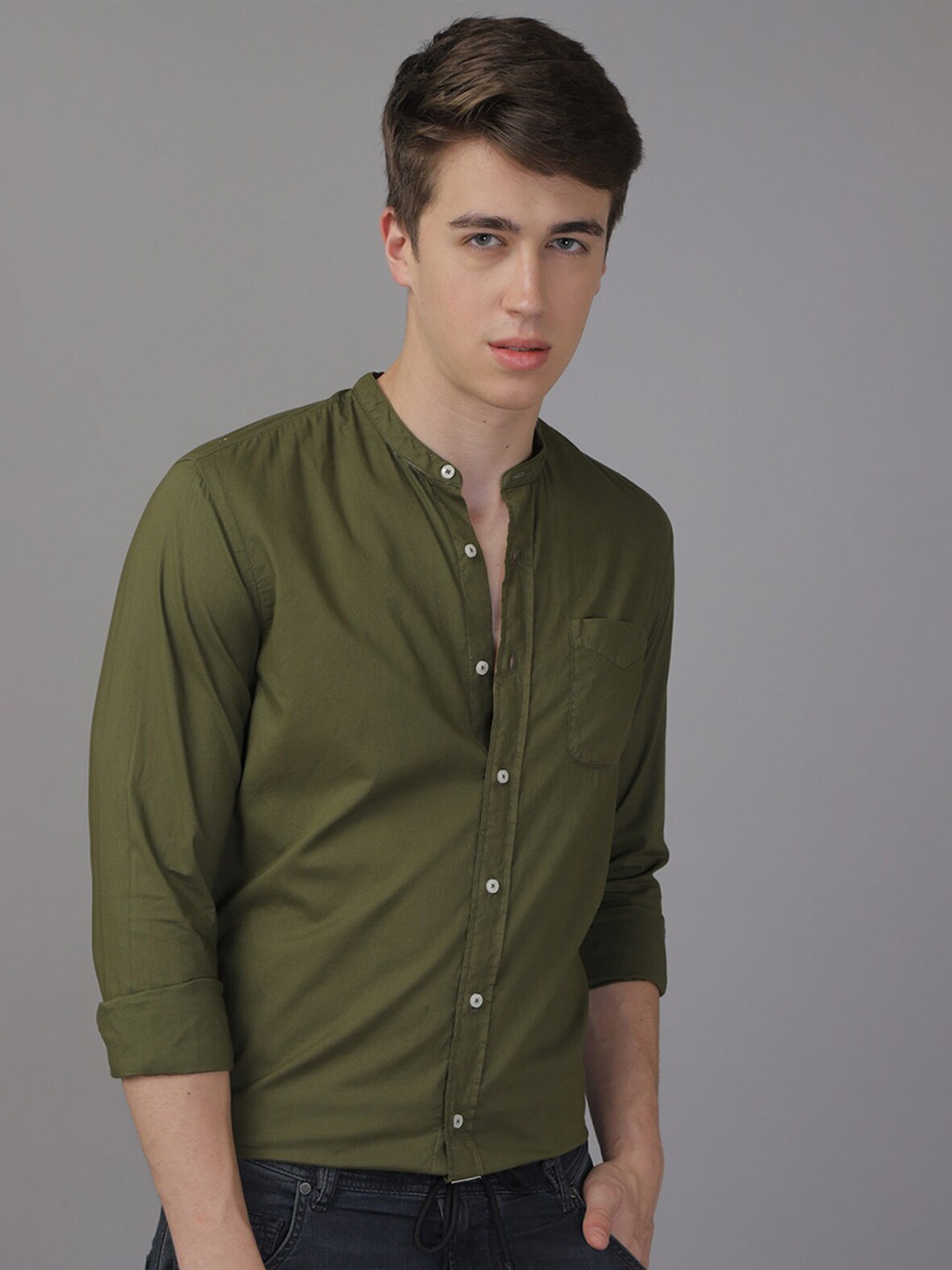 

POE Smart Slim Fit Band Collar Pure Cotton Casual Shirt, Olive