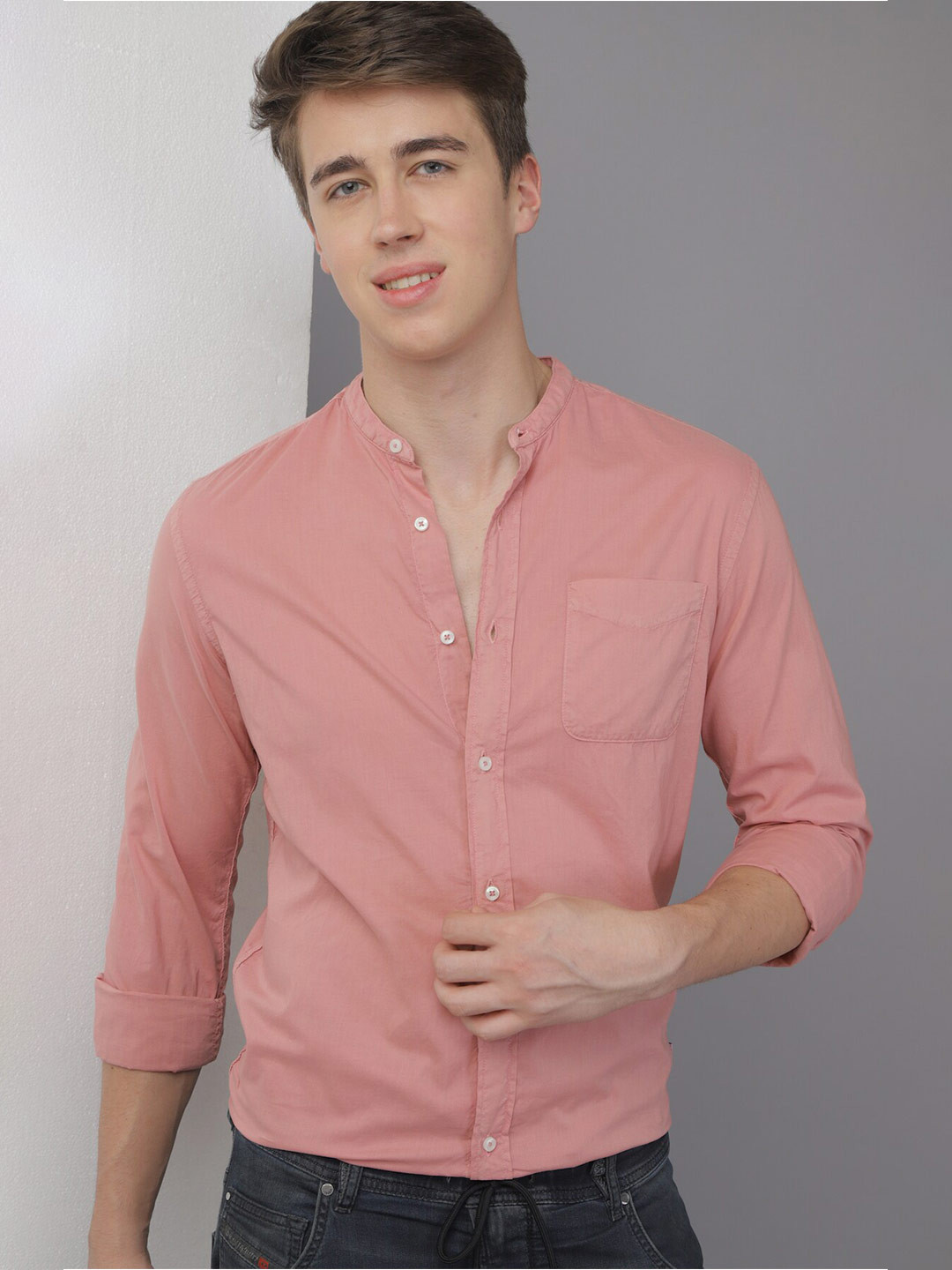 

POE Smart Slim Fit Mandarin Collar Pure Cotton Shirt, Pink