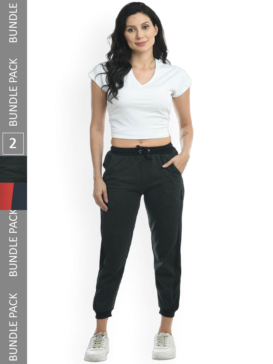 

IndiWeaves Women Pack Of 2 Colourblocked Pure Cotton Joggers, Red