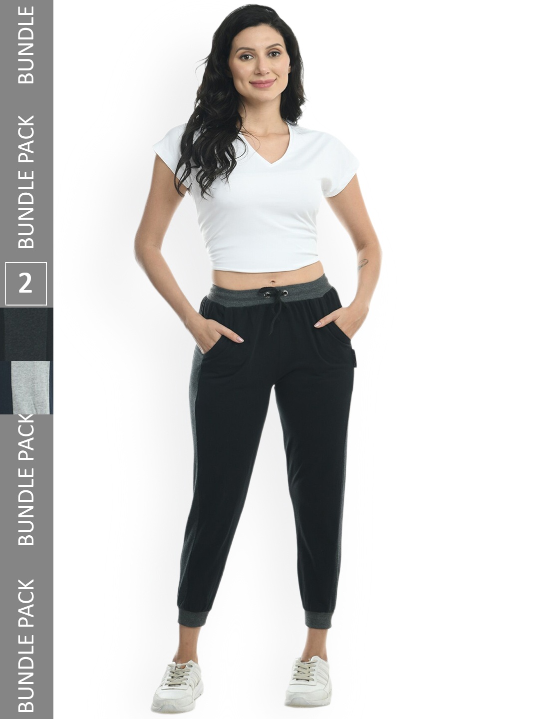 

IndiWeaves Women Pack Of 2 Side Panel Details Pure Cotton Joggers, Navy blue